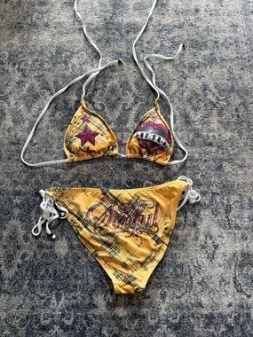 Sinful Yellow Plaid Bikini with Pink Glitter Star Accents